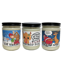 Load image into Gallery viewer, Santa Farts-Elf Sweat- Reindeer Poop- Set of Three- 16oz Handmade Soy Wax Candles