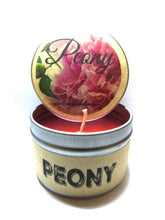 Load image into Gallery viewer, Peony 4oz All Natural Soy Candle Tin (Take It Any Where) Approximate Burn Time 36 Hours - mels-candles-more