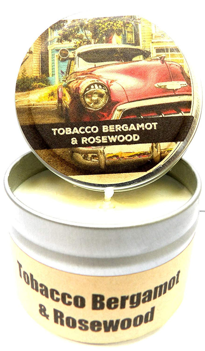 Tobacco Bergamot and Rosewood - 4oz All Natural Hand Made Tin Soy Candle, Take It Any Where - mels-candles-more