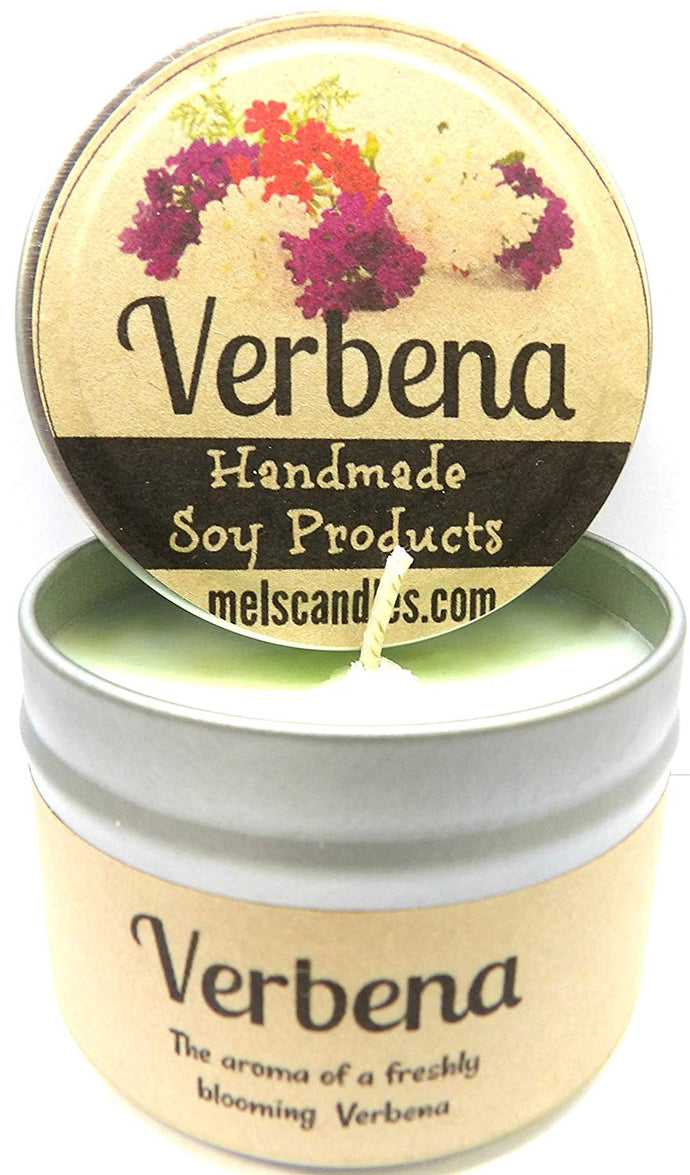 Verbena - 4oz All Natural Hand Made Tin Soy Candle, Take It Any Where - mels-candles-more