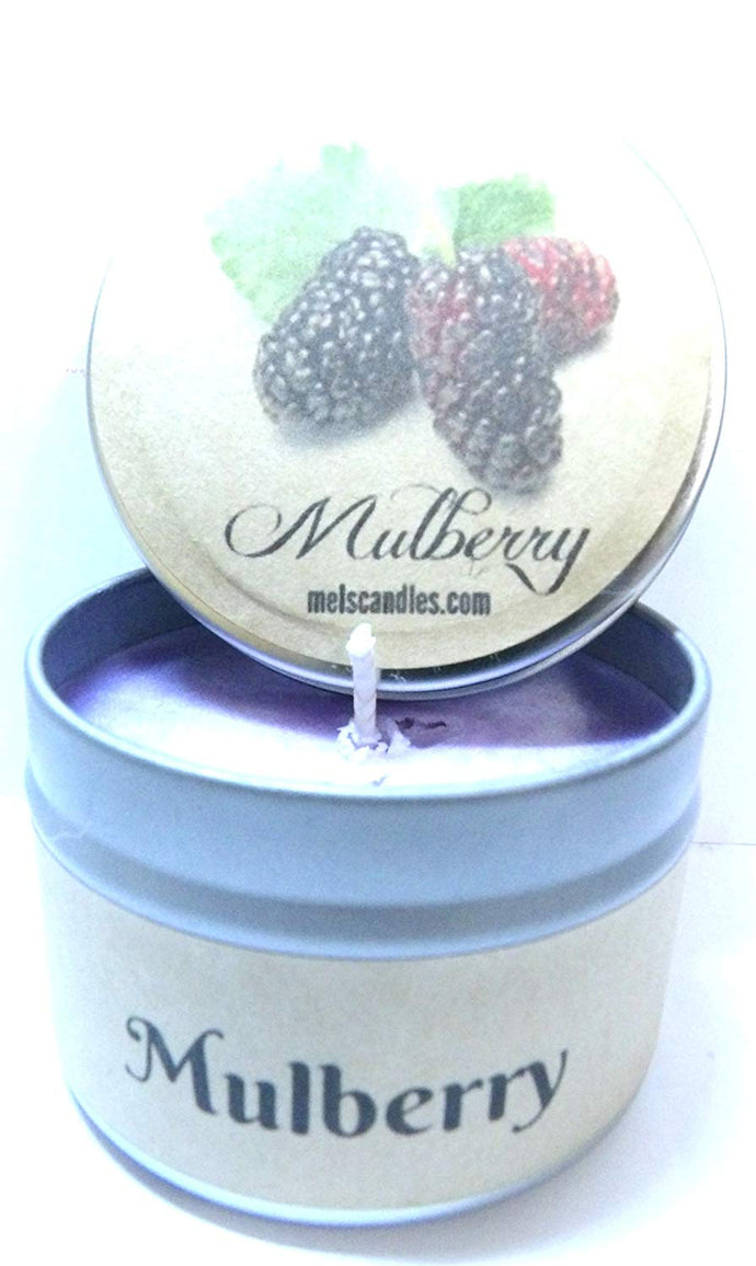 4oz Soy Candle Tin - Mulberry - Handmade with Essential Oil Easy to take any where - mels-candles-more