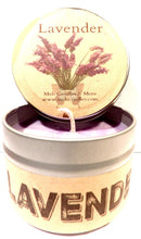 Load image into Gallery viewer, Lavender 4oz All Natural Soy Candle Tin Approximate Burn Time 30 Hours - mels-candles-more